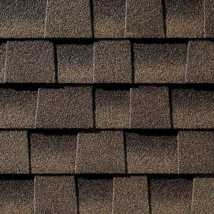 Close up photo of GAF's Timberline HD Barkwood shingle swatch